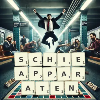 Kreative Illustration für ein Scrabble-Spiel, bei dem das Wort SCHIEAPPARATEN mit Steinen auf dem Brett gelegt wurde.