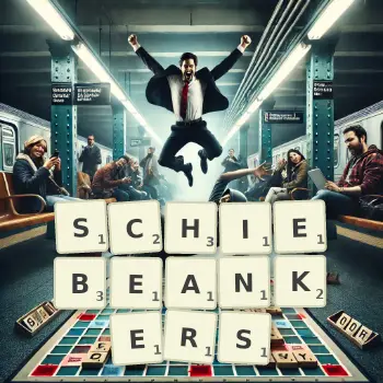 Kreative Illustration für ein Scrabble-Spiel, bei dem das Wort SCHIEBEANKERS mit Steinen auf dem Brett gelegt wurde.