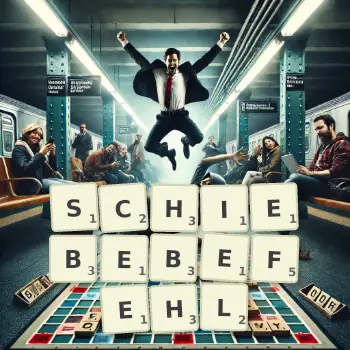 Kreative Illustration für ein Scrabble-Spiel, bei dem das Wort SCHIEBEBEFEHL mit Steinen auf dem Brett gelegt wurde.