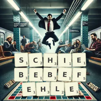 Kreative Illustration für ein Scrabble-Spiel, bei dem das Wort SCHIEBEBEFEHLE mit Steinen auf dem Brett gelegt wurde.