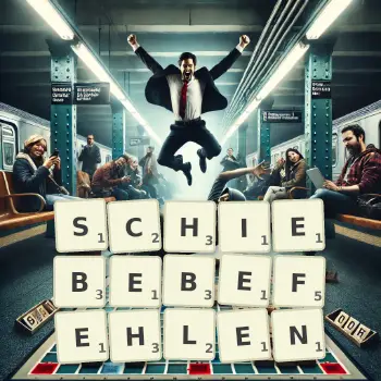 Kreative Illustration für ein Scrabble-Spiel, bei dem das Wort SCHIEBEBEFEHLEN mit Steinen auf dem Brett gelegt wurde.
