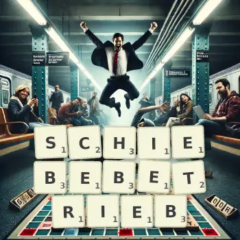 Kreative Illustration für ein Scrabble-Spiel, bei dem das Wort SCHIEBEBETRIEB mit Steinen auf dem Brett gelegt wurde.