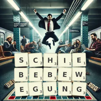 Kreative Illustration für ein Scrabble-Spiel, bei dem das Wort SCHIEBEBEWEGUNG mit Steinen auf dem Brett gelegt wurde.