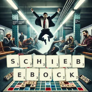 Kreative Illustration für ein Scrabble-Spiel, bei dem das Wort SCHIEBEBOCK mit Steinen auf dem Brett gelegt wurde.