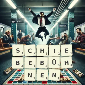 Kreative Illustration für ein Scrabble-Spiel, bei dem das Wort SCHIEBEBÜHNEN mit Steinen auf dem Brett gelegt wurde.