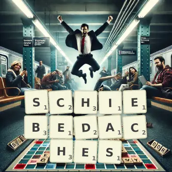 Kreative Illustration für ein Scrabble-Spiel, bei dem das Wort SCHIEBEDACHES mit Steinen auf dem Brett gelegt wurde.