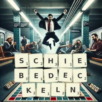 Kreative Illustration für ein Scrabble-Spiel, bei dem das Wort SCHIEBEDECKELN mit Steinen auf dem Brett gelegt wurde.