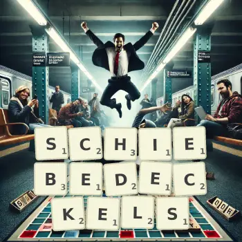 Kreative Illustration für ein Scrabble-Spiel, bei dem das Wort SCHIEBEDECKELS mit Steinen auf dem Brett gelegt wurde.