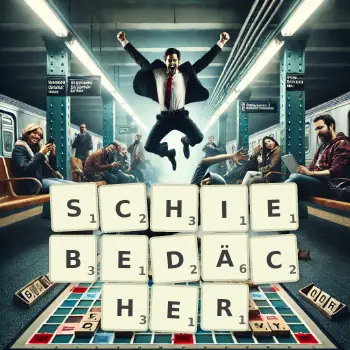 Kreative Illustration für ein Scrabble-Spiel, bei dem das Wort SCHIEBEDÄCHER mit Steinen auf dem Brett gelegt wurde.