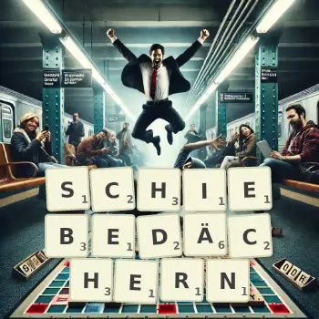 Kreative Illustration für ein Scrabble-Spiel, bei dem das Wort SCHIEBEDÄCHERN mit Steinen auf dem Brett gelegt wurde.