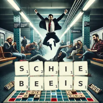 Kreative Illustration für ein Scrabble-Spiel, bei dem das Wort SCHIEBEEIS mit Steinen auf dem Brett gelegt wurde.