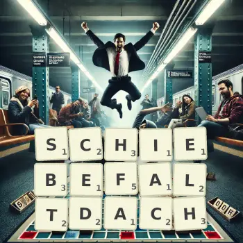 Kreative Illustration für ein Scrabble-Spiel, bei dem das Wort SCHIEBEFALTDACH mit Steinen auf dem Brett gelegt wurde.