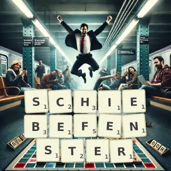 Kreative Illustration für ein Scrabble-Spiel, bei dem das Wort SCHIEBEFENSTER mit Steinen auf dem Brett gelegt wurde.