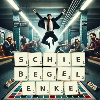 Kreative Illustration für ein Scrabble-Spiel, bei dem das Wort SCHIEBEGELENKE mit Steinen auf dem Brett gelegt wurde.