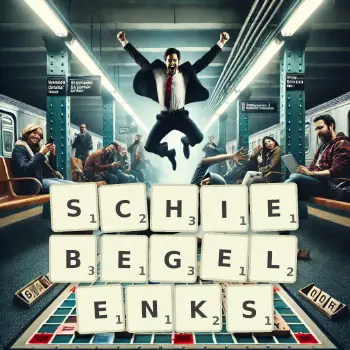 Kreative Illustration für ein Scrabble-Spiel, bei dem das Wort SCHIEBEGELENKS mit Steinen auf dem Brett gelegt wurde.