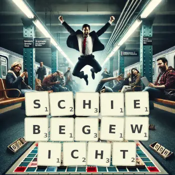 Kreative Illustration für ein Scrabble-Spiel, bei dem das Wort SCHIEBEGEWICHT mit Steinen auf dem Brett gelegt wurde.