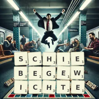 Kreative Illustration für ein Scrabble-Spiel, bei dem das Wort SCHIEBEGEWICHTE mit Steinen auf dem Brett gelegt wurde.