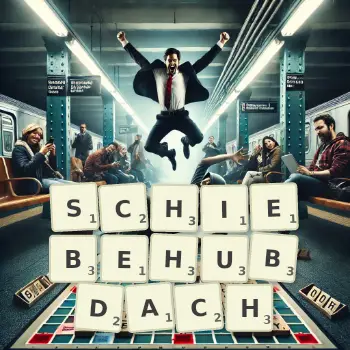 Kreative Illustration für ein Scrabble-Spiel, bei dem das Wort SCHIEBEHUBDACH mit Steinen auf dem Brett gelegt wurde.