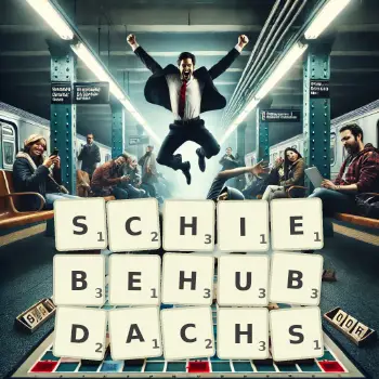 Kreative Illustration für ein Scrabble-Spiel, bei dem das Wort SCHIEBEHUBDACHS mit Steinen auf dem Brett gelegt wurde.