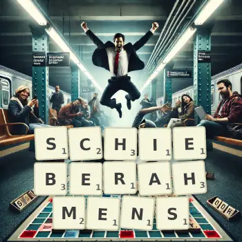 Kreative Illustration für ein Scrabble-Spiel, bei dem das Wort SCHIEBERAHMENS mit Steinen auf dem Brett gelegt wurde.