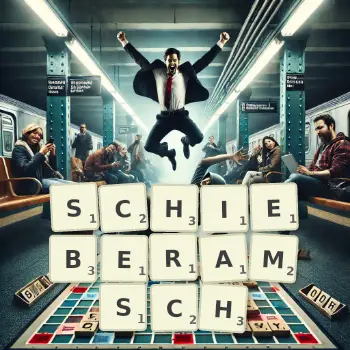 Kreative Illustration für ein Scrabble-Spiel, bei dem das Wort SCHIEBERAMSCH mit Steinen auf dem Brett gelegt wurde.