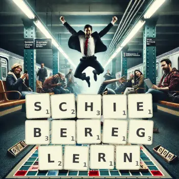 Kreative Illustration für ein Scrabble-Spiel, bei dem das Wort SCHIEBEREGLERN mit Steinen auf dem Brett gelegt wurde.