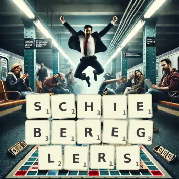 Kreative Illustration für ein Scrabble-Spiel, bei dem das Wort SCHIEBEREGLERS mit Steinen auf dem Brett gelegt wurde.