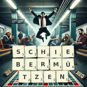 Kreative Illustration für ein Scrabble-Spiel, bei dem das Wort SCHIEBERMÜTZEN mit Steinen auf dem Brett gelegt wurde.