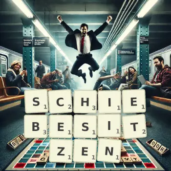 Kreative Illustration für ein Scrabble-Spiel, bei dem das Wort SCHIEBESITZEN mit Steinen auf dem Brett gelegt wurde.