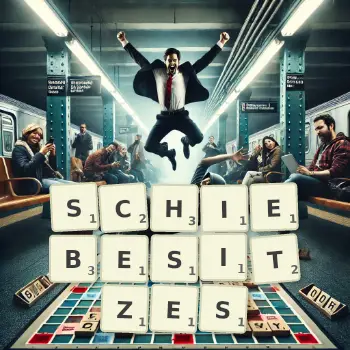 Kreative Illustration für ein Scrabble-Spiel, bei dem das Wort SCHIEBESITZES mit Steinen auf dem Brett gelegt wurde.