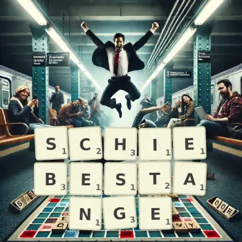 Kreative Illustration für ein Scrabble-Spiel, bei dem das Wort SCHIEBESTANGE mit Steinen auf dem Brett gelegt wurde.