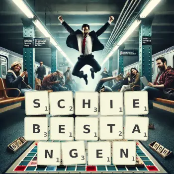Kreative Illustration für ein Scrabble-Spiel, bei dem das Wort SCHIEBESTANGEN mit Steinen auf dem Brett gelegt wurde.
