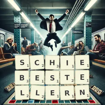 Kreative Illustration für ein Scrabble-Spiel, bei dem das Wort SCHIEBESTELLERN mit Steinen auf dem Brett gelegt wurde.
