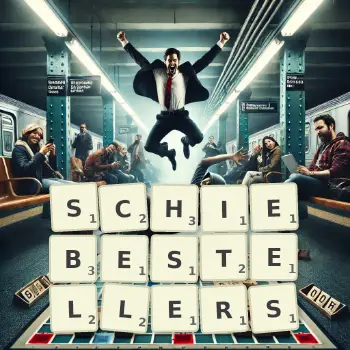 Kreative Illustration für ein Scrabble-Spiel, bei dem das Wort SCHIEBESTELLERS mit Steinen auf dem Brett gelegt wurde.