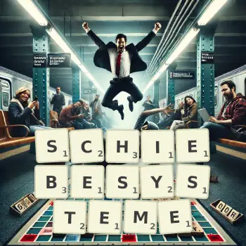 Kreative Illustration für ein Scrabble-Spiel, bei dem das Wort SCHIEBESYSTEME mit Steinen auf dem Brett gelegt wurde.