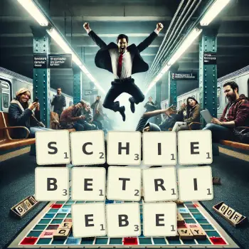 Kreative Illustration für ein Scrabble-Spiel, bei dem das Wort SCHIEBETRIEBE mit Steinen auf dem Brett gelegt wurde.