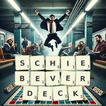 Kreative Illustration für ein Scrabble-Spiel, bei dem das Wort SCHIEBEVERDECK mit Steinen auf dem Brett gelegt wurde.