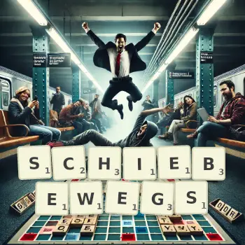 Kreative Illustration für ein Scrabble-Spiel, bei dem das Wort SCHIEBEWEGS mit Steinen auf dem Brett gelegt wurde.