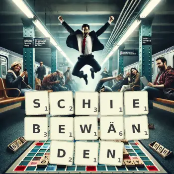 Kreative Illustration für ein Scrabble-Spiel, bei dem das Wort SCHIEBEWÄNDEN mit Steinen auf dem Brett gelegt wurde.
