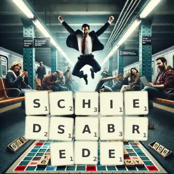 Kreative Illustration für ein Scrabble-Spiel, bei dem das Wort SCHIEDSABREDE mit Steinen auf dem Brett gelegt wurde.