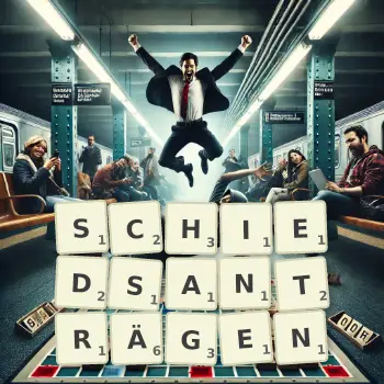 Kreative Illustration für ein Scrabble-Spiel, bei dem das Wort SCHIEDSANTRÄGEN mit Steinen auf dem Brett gelegt wurde.