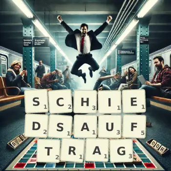 Kreative Illustration für ein Scrabble-Spiel, bei dem das Wort SCHIEDSAUFTRAG mit Steinen auf dem Brett gelegt wurde.