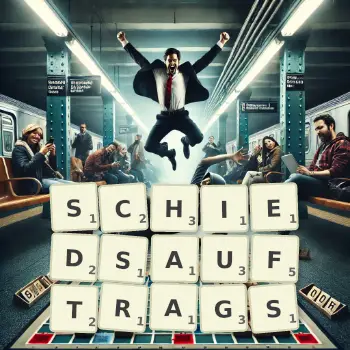 Kreative Illustration für ein Scrabble-Spiel, bei dem das Wort SCHIEDSAUFTRAGS mit Steinen auf dem Brett gelegt wurde.