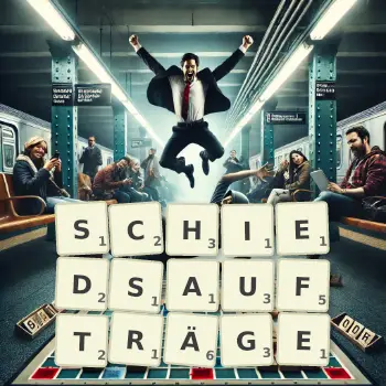 Kreative Illustration für ein Scrabble-Spiel, bei dem das Wort SCHIEDSAUFTRÄGE mit Steinen auf dem Brett gelegt wurde.