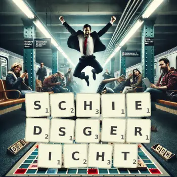 Kreative Illustration für ein Scrabble-Spiel, bei dem das Wort SCHIEDSGERICHT mit Steinen auf dem Brett gelegt wurde.