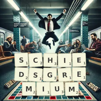 Kreative Illustration für ein Scrabble-Spiel, bei dem das Wort SCHIEDSGREMIUM mit Steinen auf dem Brett gelegt wurde.