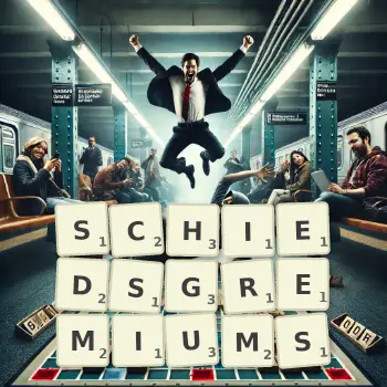 Kreative Illustration für ein Scrabble-Spiel, bei dem das Wort SCHIEDSGREMIUMS mit Steinen auf dem Brett gelegt wurde.