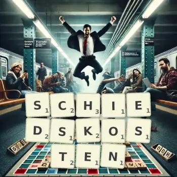 Kreative Illustration für ein Scrabble-Spiel, bei dem das Wort SCHIEDSKOSTEN mit Steinen auf dem Brett gelegt wurde.