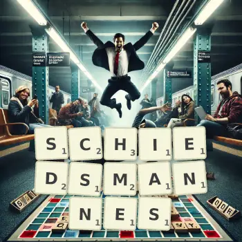 Kreative Illustration für ein Scrabble-Spiel, bei dem das Wort SCHIEDSMANNES mit Steinen auf dem Brett gelegt wurde.