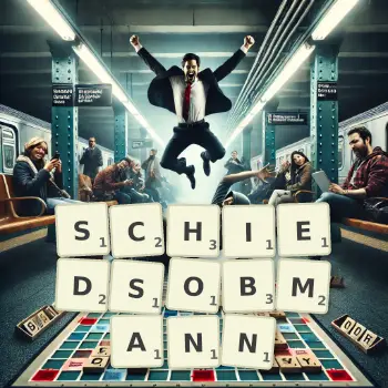 Kreative Illustration für ein Scrabble-Spiel, bei dem das Wort SCHIEDSOBMANN mit Steinen auf dem Brett gelegt wurde.